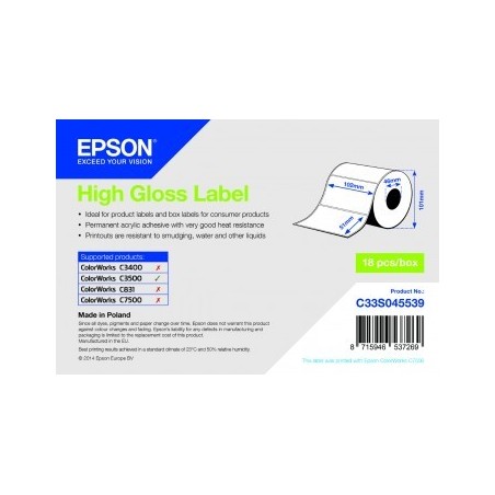 Rola de etichete adezive taiate cu luciu ridicat Epson, 102 mm x 51 mm, 610 etichete