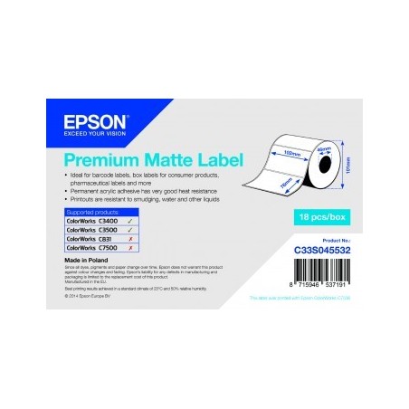 Rola de etichete adezive pretaiate Epson Premium mat, 102 mm x 76 mm, 440 de etichete