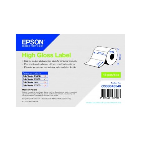 Rola de etichete adezive taiate cu luciu ridicat Epson, 102 mm x 76 mm, 415 etichete