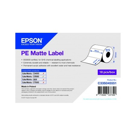 Rola de etichete adezive pretaiate Epson PE mat, 76 mm x 127 mm, 220 de etichete