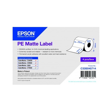 Rola de etichete adezive Epson PE mat pre-taiate, 102 mm x 152 mm, 800 de etichete