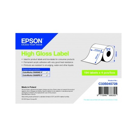 Rola de etichete adezive taiate cu luciu ridicat Epson, 210 mm x 297 mm, 194 de etichete