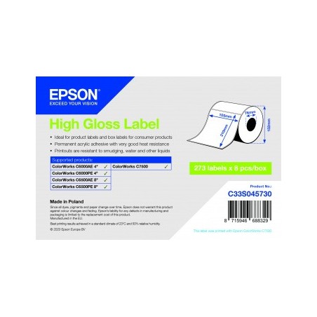 Rola de etichete adezive taiate cu luciu ridicat Epson, 105 mm x 210 mm, 273 de etichete