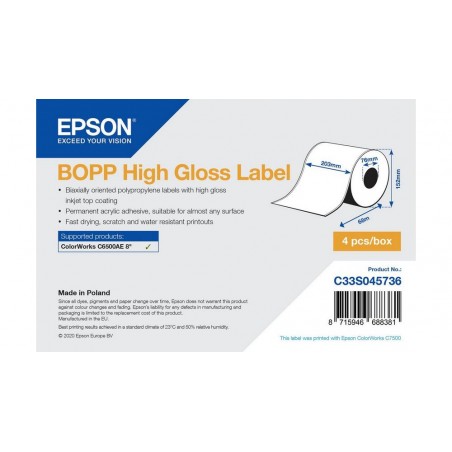 Rola de etichete adezive sintetice continue, Epson BOPP lucios ridicat, 203 mm x 68 m