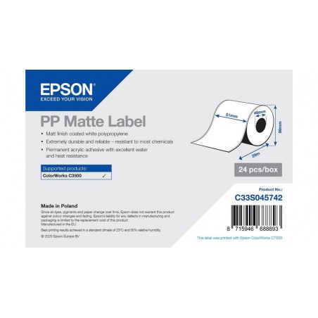 Rola de etichete adezive continua, sintetica, Epson PP Matte, 51 mm x 29 m