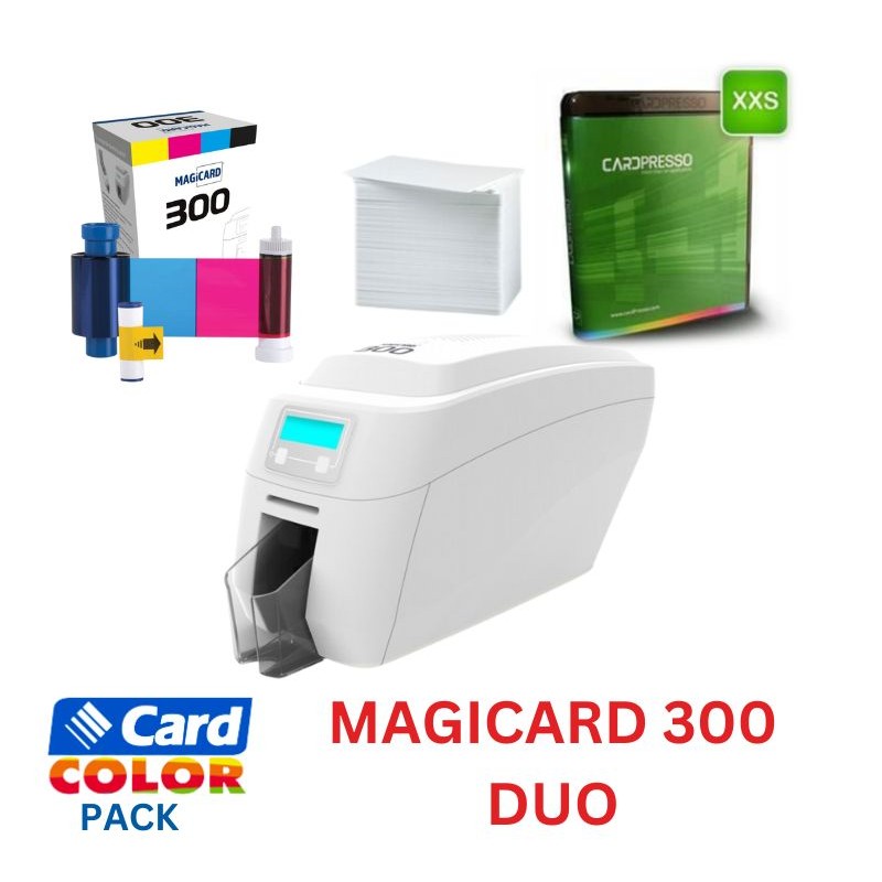 Pachet imprimanta de carduri Magicard 300 Duo, dual side, USB, Ethernet, ribon color,100 carduri albe, software