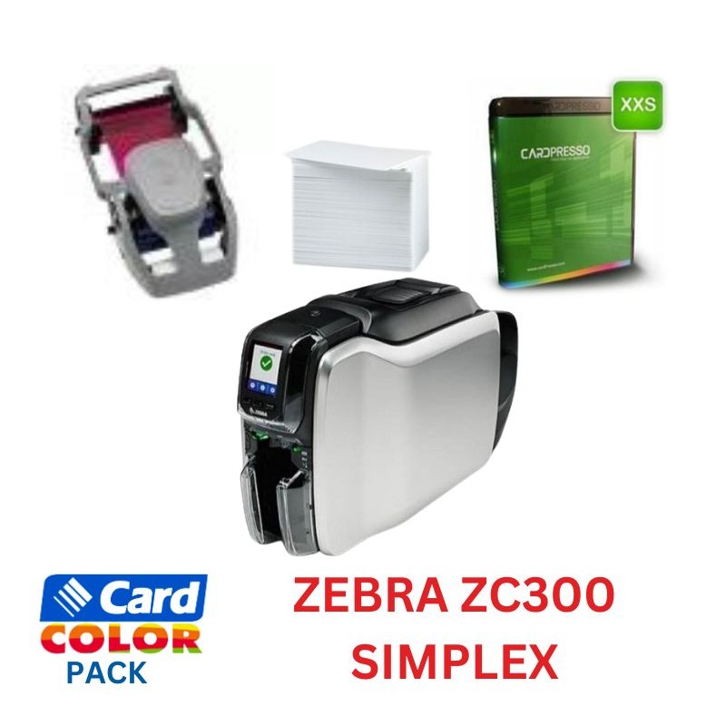 Pachet imprimanta de carduri Zebra ZC300 simplex, USB, Ethernet, ribon color,100 carduri albe, software
